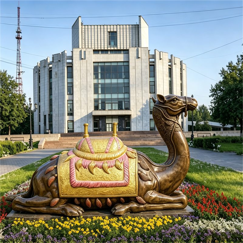 Бронзовая скульптура лежачего верблюда на торговой площади