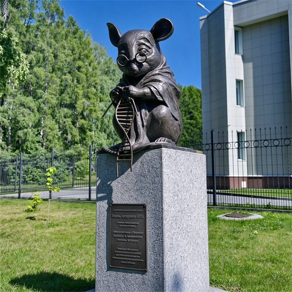 Памятник лабораторной мыши с ДНК, Новосибирск, бронзовая скульптура
